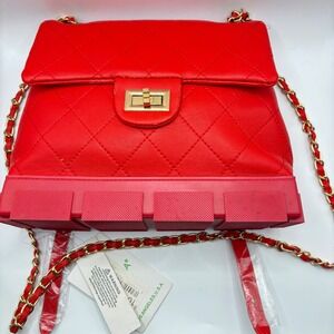 Caleesa Red Quilted Vegan Leather Bag Lug Rubber Bottom Chain Strap 6737 NWT